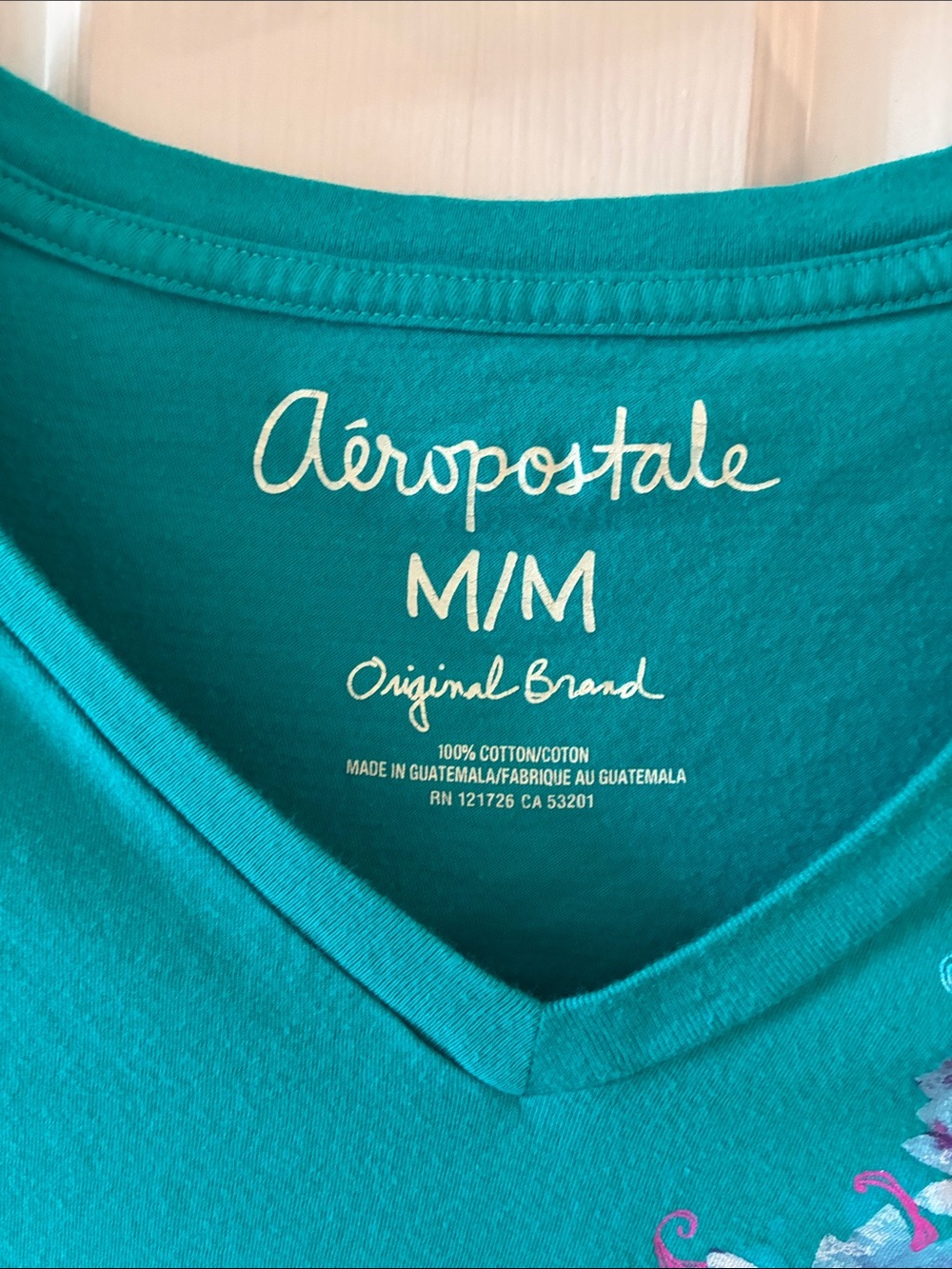 Aeropostale Teal colored V-Neck Tee with Purple & Blue Sparkly Floral Accent - Picture 3 of 5